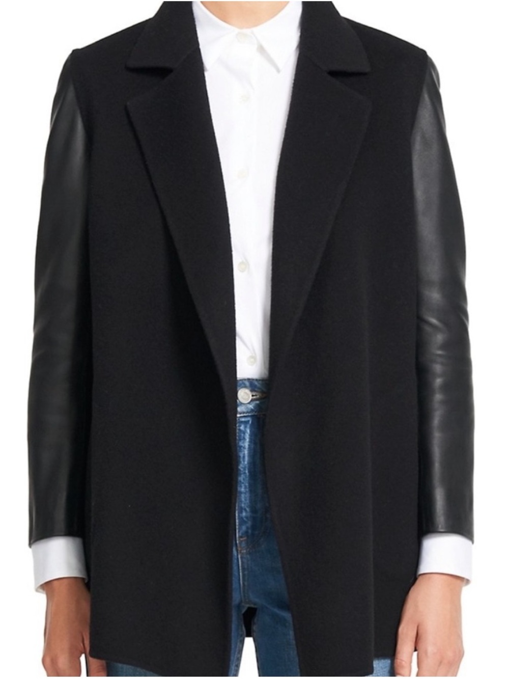 Theory Clairene Jacket in Double-Face Wool-Cashmere Combo Jacket Leather Sleeve